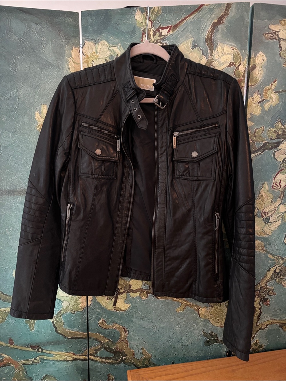Michael Kors Black Leather Moto-Style Bomber Jacket